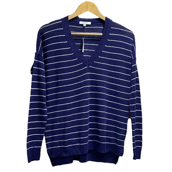 MADEWELL Blue and White V-neck Linen Blend - Picture 1 of 10